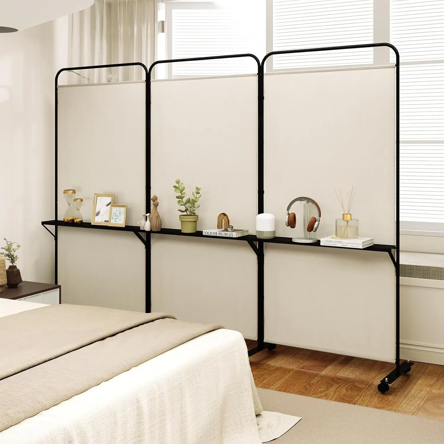3 Panel Room Divider with Storage Shelves, 6FT Folding Privacy Screen with Lockable Wheels, Portable Rolling Wall, Customized
