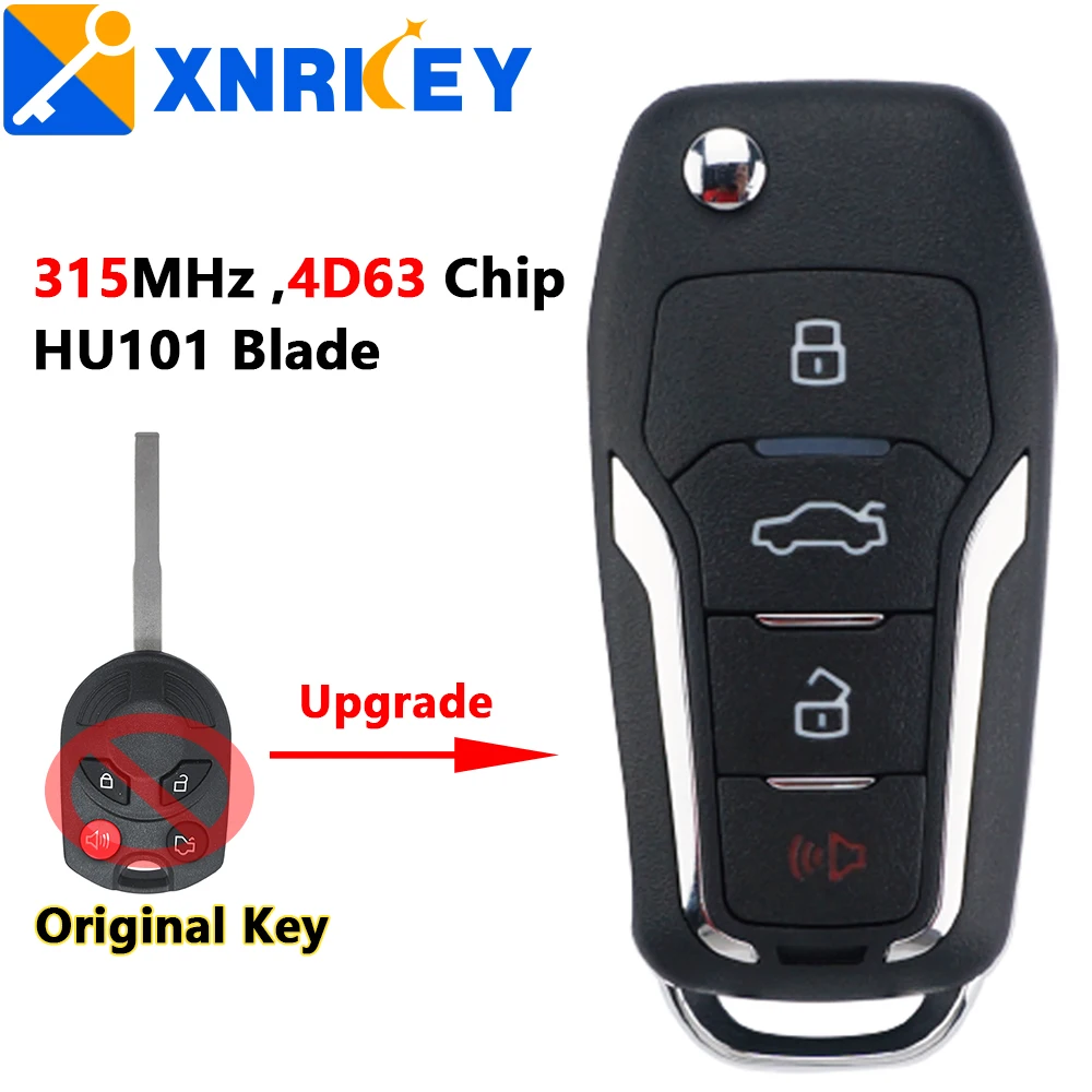 XNRKEY Upgraded Flip Remote Key 4D63 Chip 315Mhz for Ford  Escape Focus C-Max Transit Car Key with HU101 Blade FCC: OUCD6000022