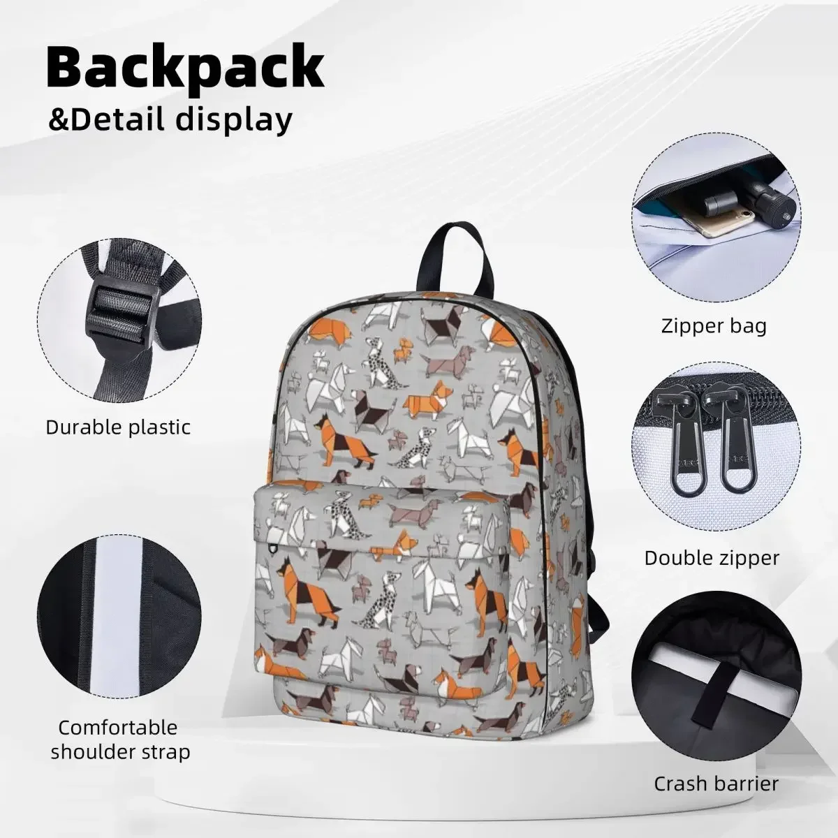 Origami Doggie Friends Grey Linen Texture Background Backpacks Book bag Shoulder Bag Laptop Rucksack Travel Rucksack School Bag