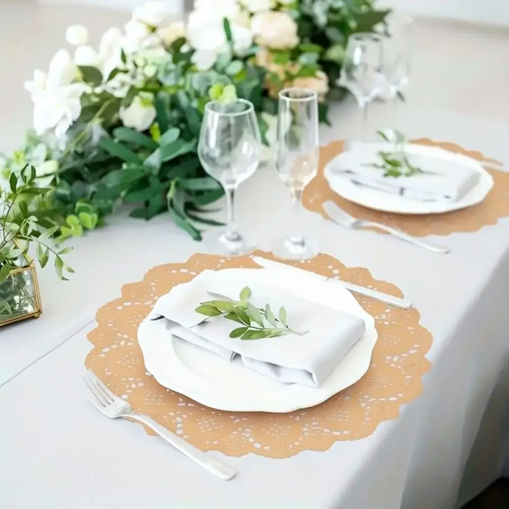 Retro Style Kraft Paper Lace Doilies Scalloped Edge Mats For Birthday Party Cake Decorating Table Supplies