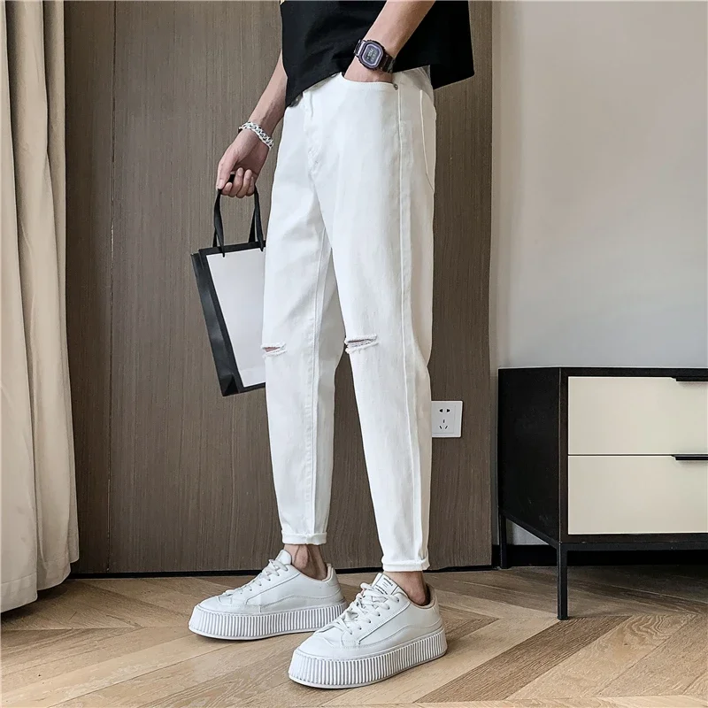 2024 ربيع جديد الذكور الركبة ممزق الجينز الرجال مستقيم سليم أقدام صغيرة سراويل جينز الشارع الشهير تمتد سراويل تقليدية #3