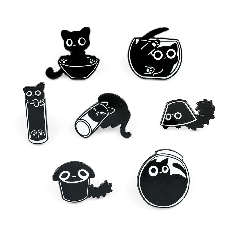 Cartoon Glass Black Cat Brooch Playful Animal Enamel Pin Metal Badge Backpack Clothing Jewelry Fashion Festival Gift