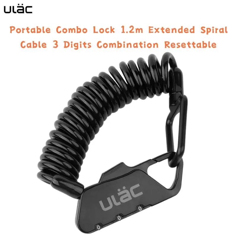 ULAC Bicycle Lightweight Size Portable Combo Lock 1.2m Extended Spiral Cable 3 Digits Combination Resettable Bike Accessories