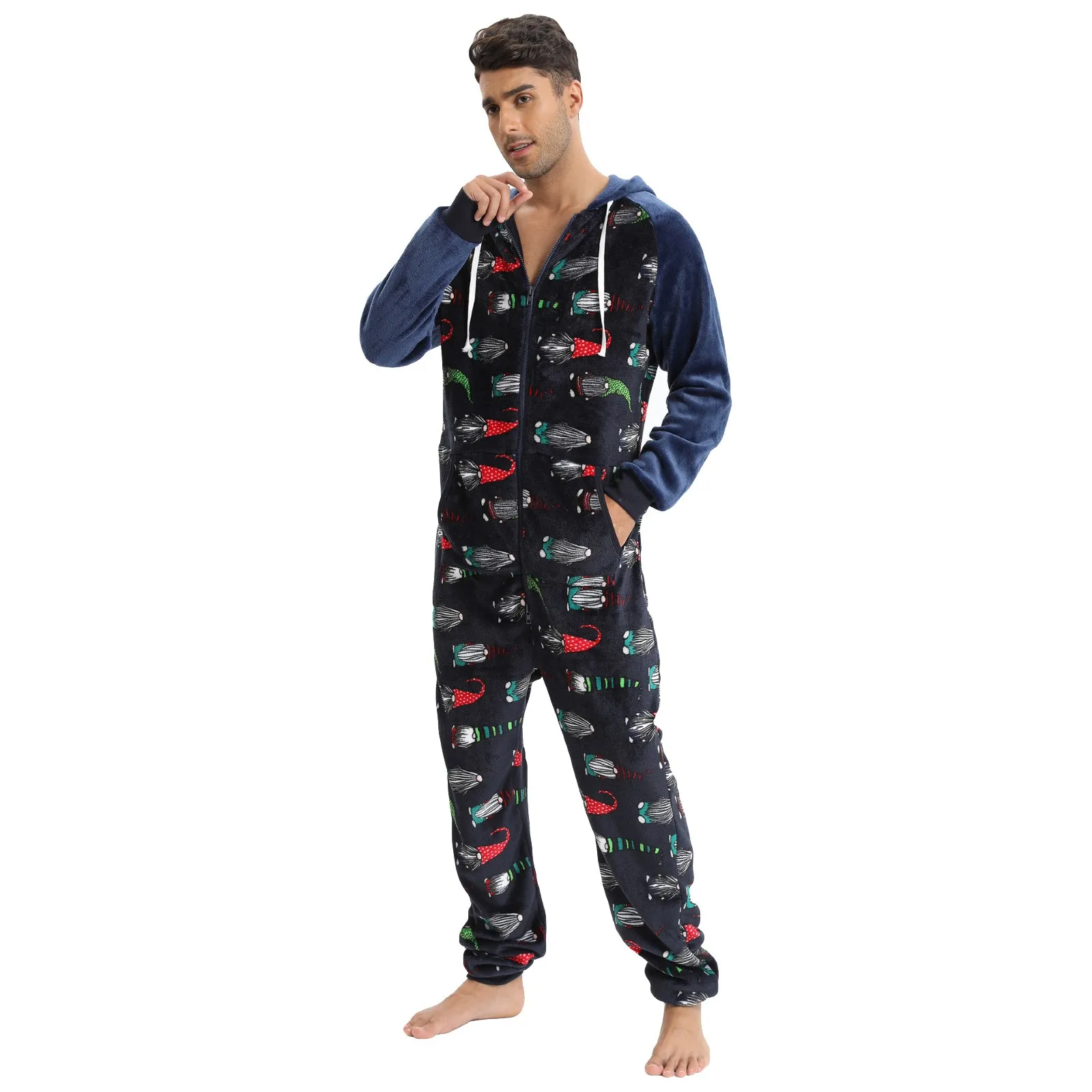 Male Autumn And Winter Leisure Travel print Loose Long Sleeved Warm Pajamas Home Clothes With Pockets Warm Jumpsuits sleepwear