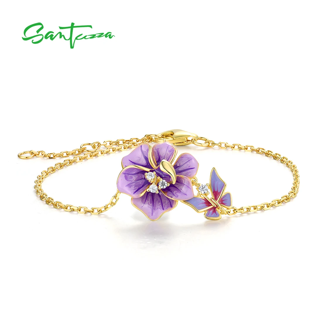 

SANTUZZA 925 Sterling Silver Adjustable Bracelet For Women White CZ Purple Enamel Flower Butterfly Elegant Wedding Fine Jewelry