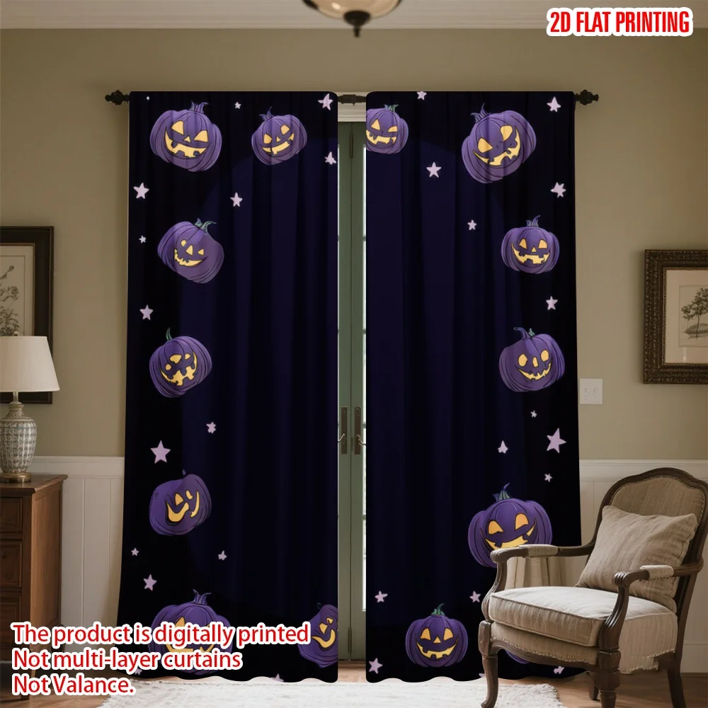 

2D flat printing 2pcs Window Curtains Halloween Purple Pumpkins Frame Digital Printed Polyester Drapes Birthday Party Perfect