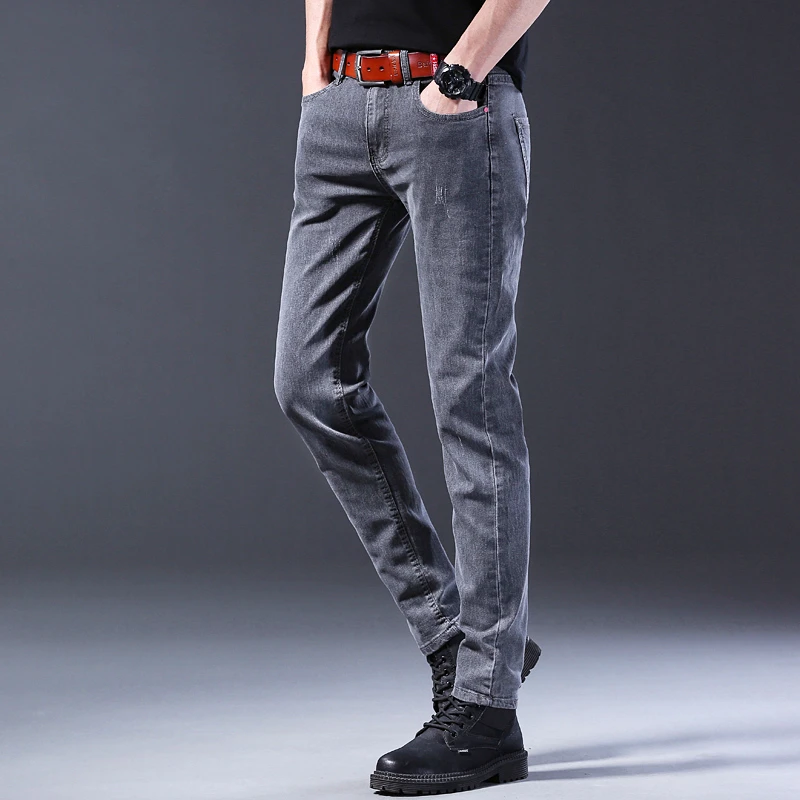 

Fashion trend explosive four seasons pants smoke gray jeans men slim feet stretch Korean version of the trend pants