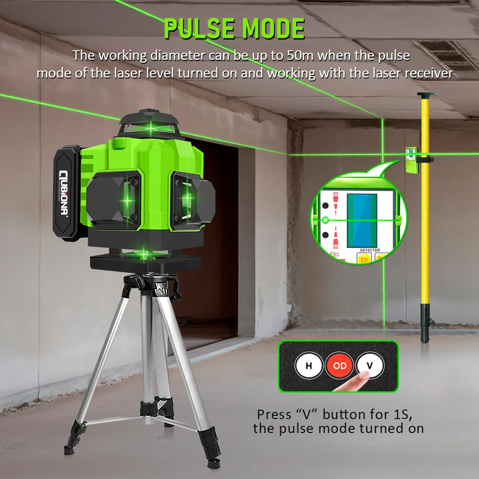 Clubiona 16/12 Green lines Laser Level professional Super powerful With 4800mAh Li-ion Battery Remote Control pulse mode Tools