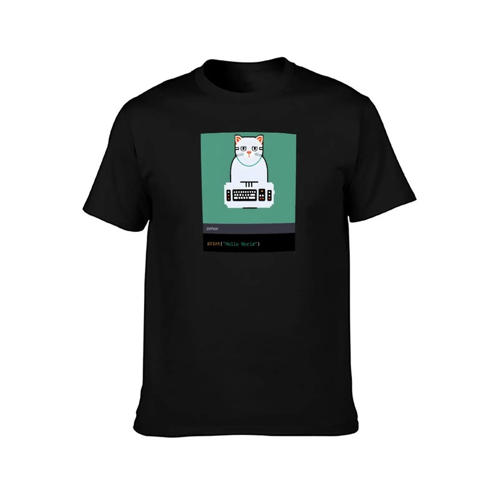 Cat Programmer : Hello World Python T-Shirt, Summer Casual Cotton Tee, Oversized Streetwear Tops, Vintage Graphic Print