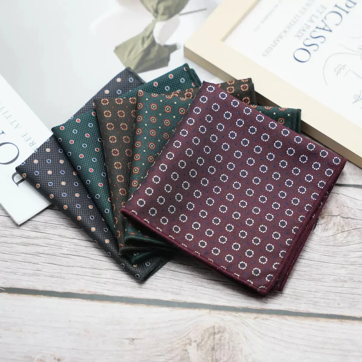 23*23CM New Formal British Mens Khaki Pocket Square Polyester Jacquard Polka Dot Floral Handkerchief Wedding Groom Accessories