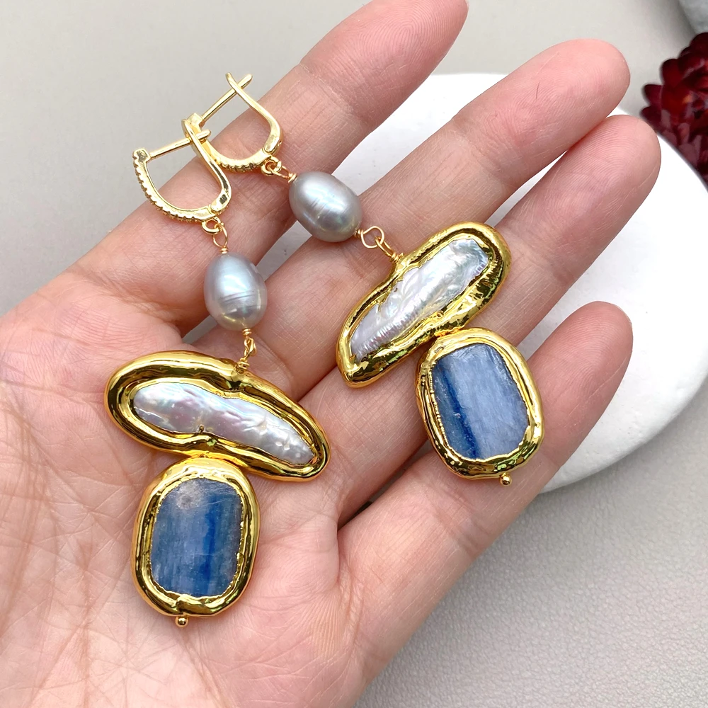 Freshwater Cultured White Biwa Pearl Gray Rice Blue Kyanite Dangle Lever Back Earrings