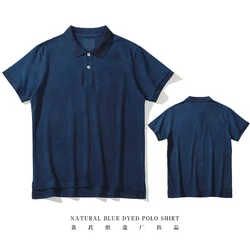 Akkad Kuti Men's Retro Plant Indigo Polo Shirt 100% Cotton Blue Dye Loose Fit Summer Vintage Short Sleeve Casual Top Men shirts