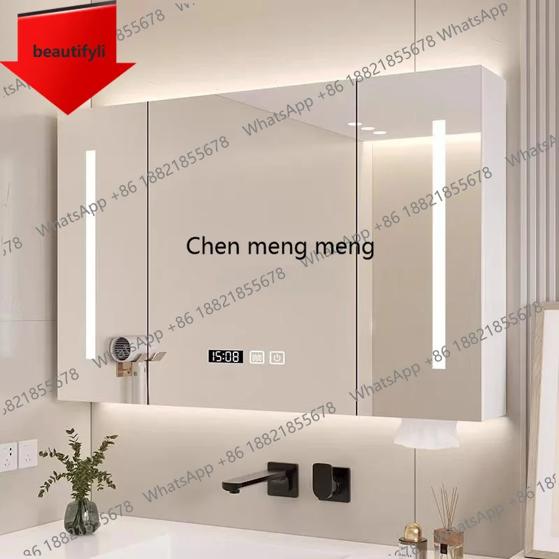 

Умный зеркальный шкаф для ванной 01A, настенный шкафчик из массива дерева для хранения с подсветкой, зеркало для макияжа с функцией антизапотевания