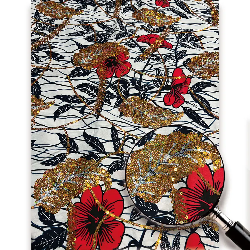 

Новая ткань из хлопка с африканским восковым принтом и пайетками Ankara, 6 ярдов, голландский африканский стиль, для нигерийской и ганайской одежды, принадлежности для шитья.