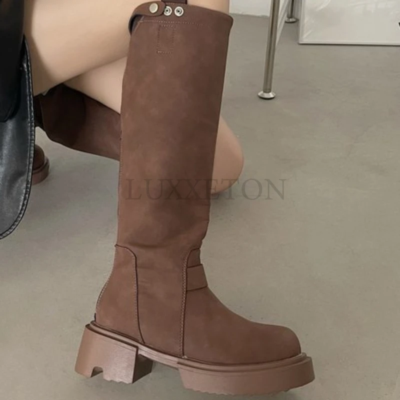 Platform Combat Boots Zip Chuny Heel Buckle Vintage Fashion Casual Luxury Designer Western Mid Calf Boots Shoes Woman