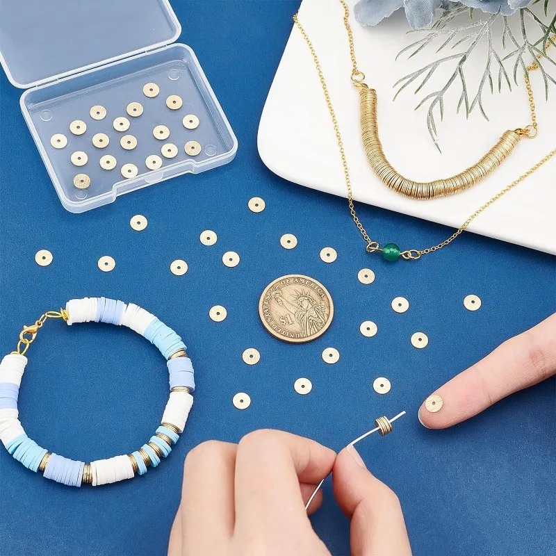 300pcs Heishi Disc Beads 6mm Brass Loose Beads Golden Rondelle Spacer Beads Long-Lasting Beads Round Jewelry Beads for Necklace