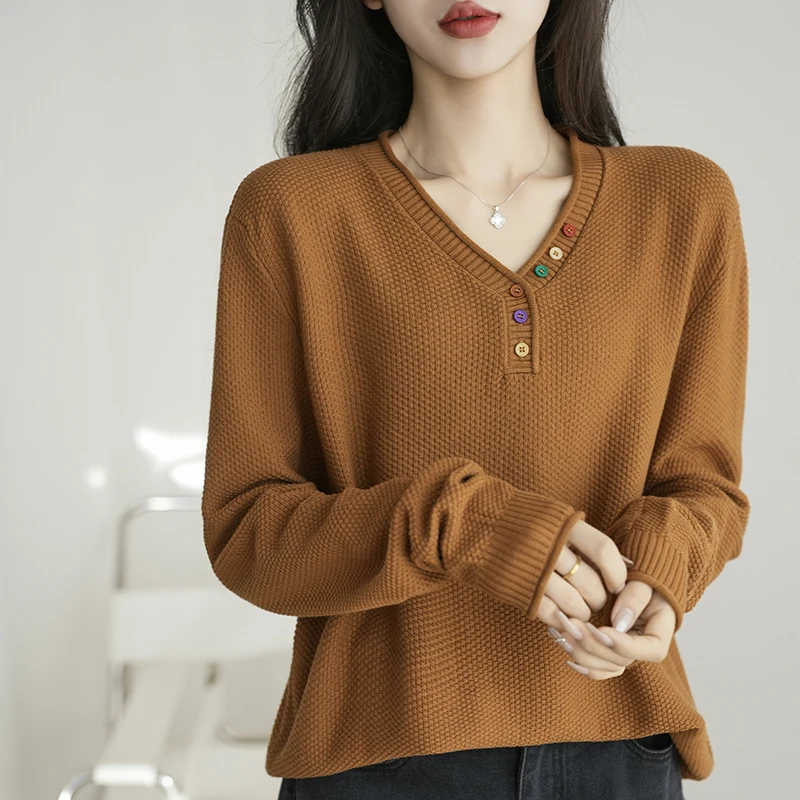 

Autumn and winter new 100% pure cotton sweater women's casual knitted V-neck pullover fashionable soft sweater loose women's top