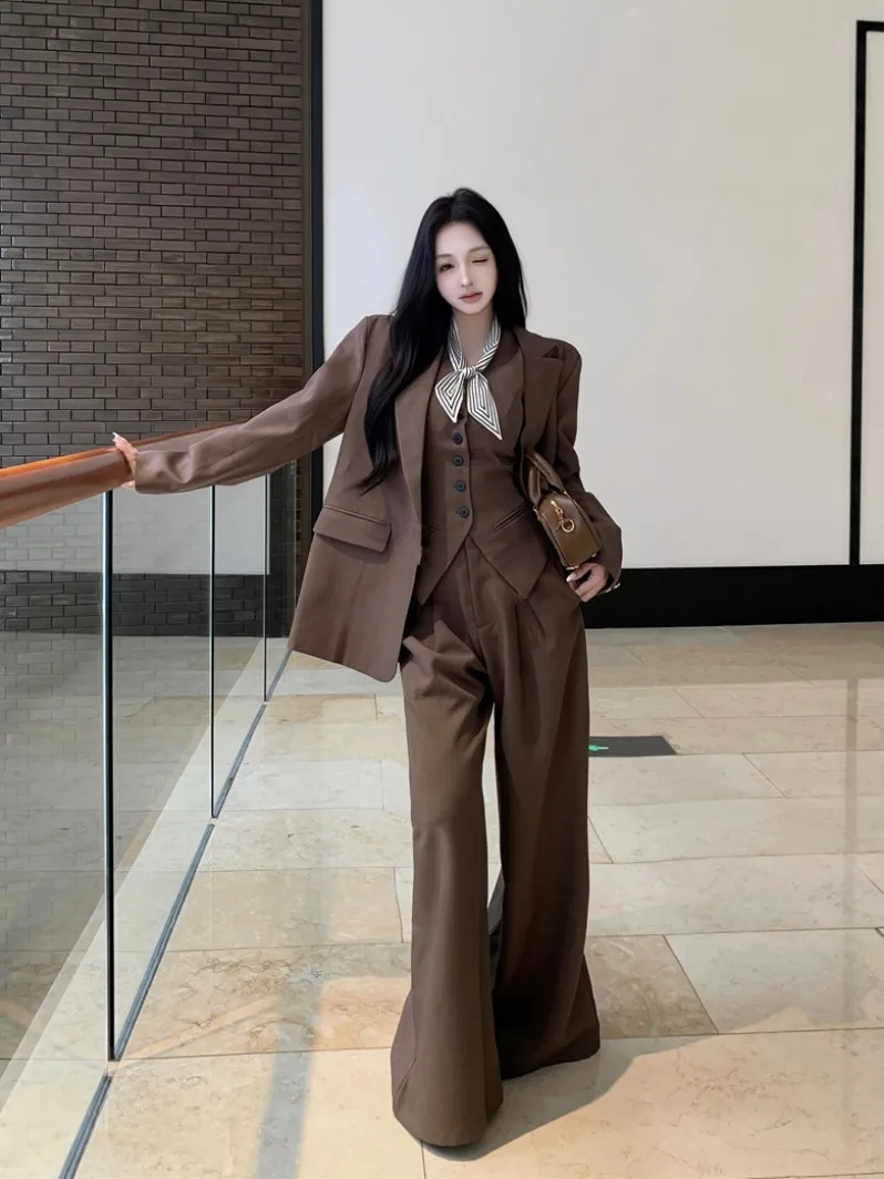 

Korean Style Women's Suit Set Casual Fashion Wide Leg Pants Vest Two-Piece Autumn Wear Comfortable Breathable V-Neck Long Sleeve