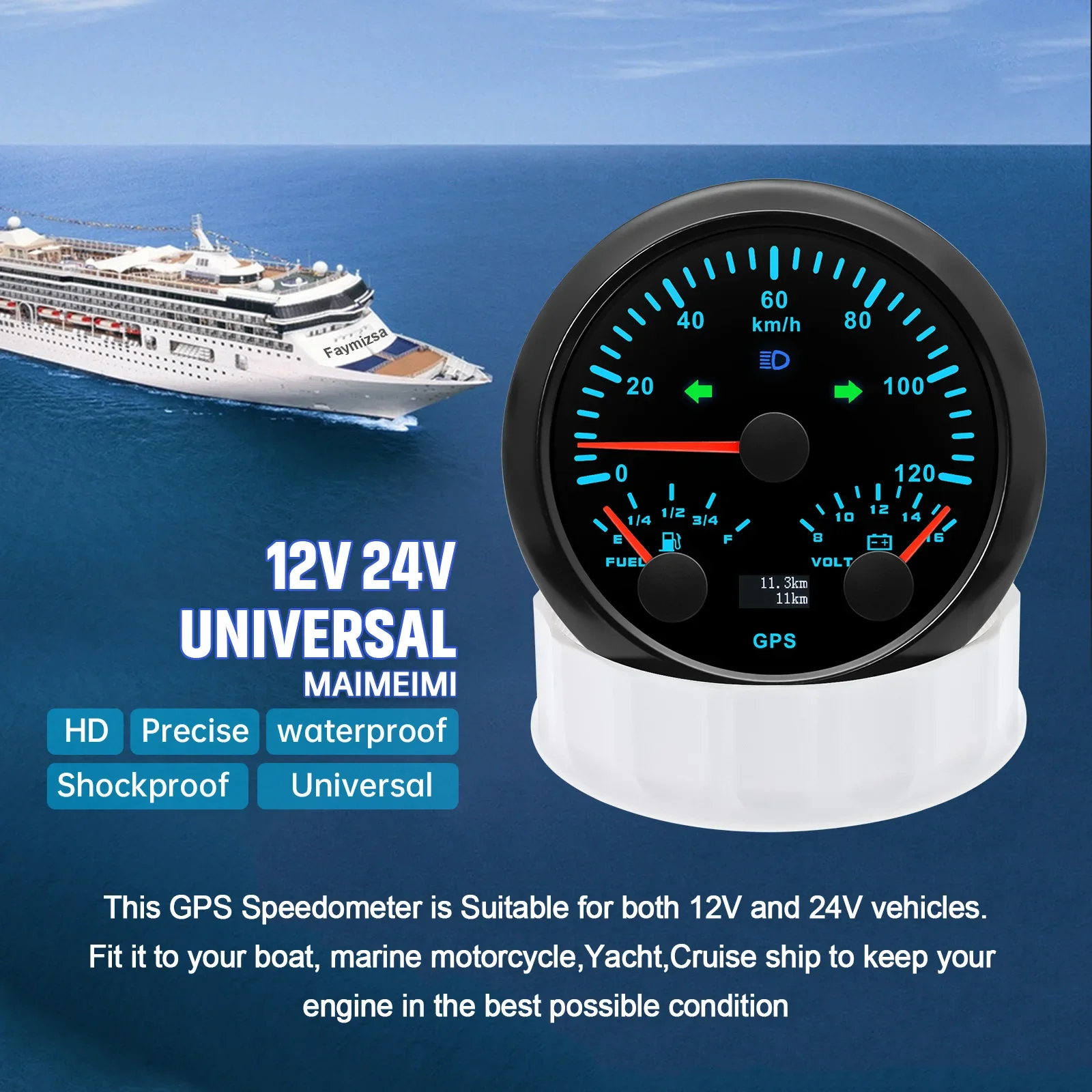 HD Universal 85MM 3 IN 1 Gauge 120kmh 120MPH GPS Speedometer Fuel Gauge Voltage Voltmeter Tachometer RPM Sesnor With Antenna