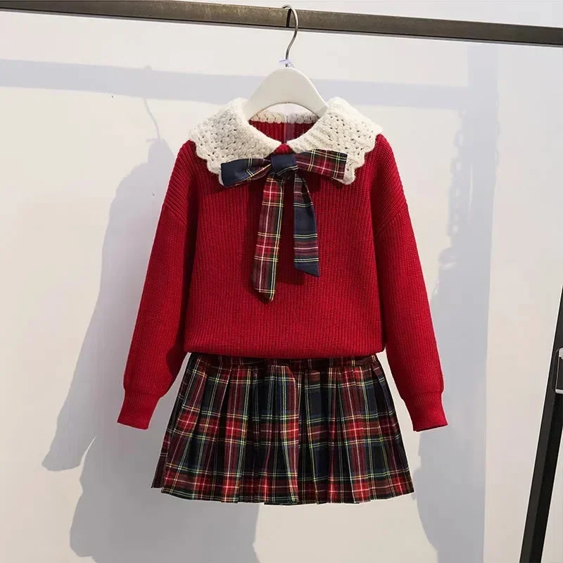 Teenage Girls JK Suit Clothing Winter Children Knitted Lapel Sweater Plaid Pleated Skirt Autumn School Clothes Trend