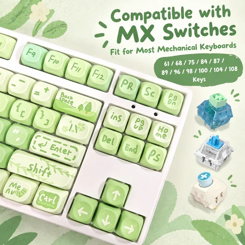 Green Spring Cute Keycaps,New MOA Profile Dye-Sub Doubleshot GMK Key Cap For MX Switches Garming Mechanical Keyboards