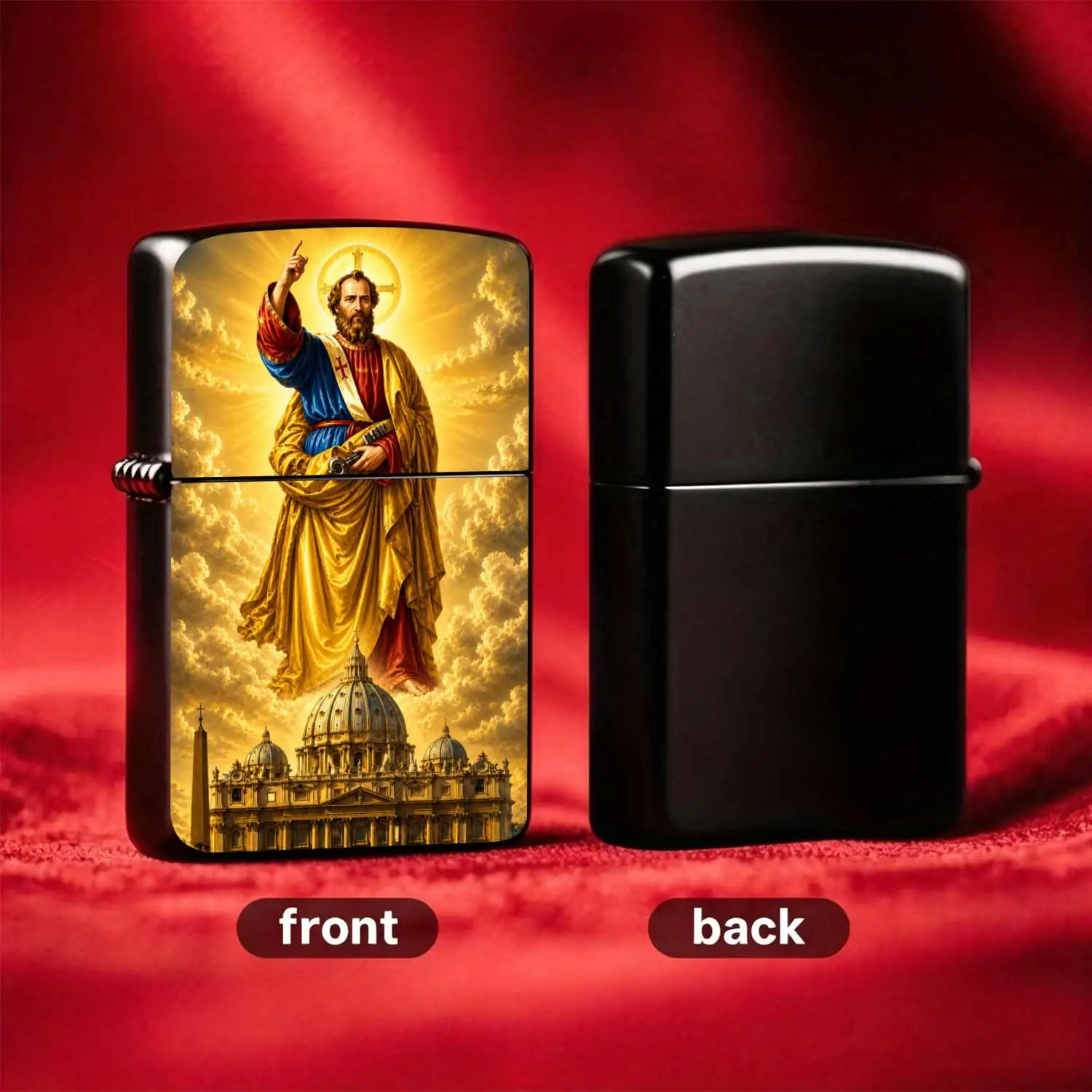 Reusable Flip-Top Pocket Metal Windproof Lighter, Featuring St. Peter Themed Religious Art Pattern, Classic Retro Design, Refillable Fuel Tank, Portable Compact Size, Premium Textured Body, Ideal for Daily Use, and Gift-Giving Occasion