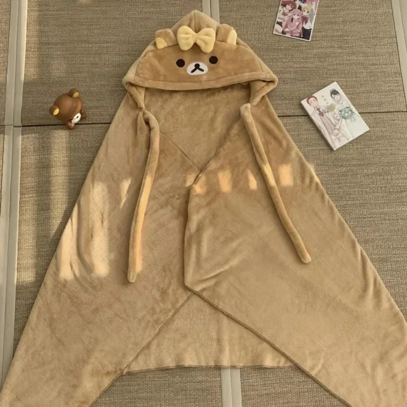 Rilakkuma Y2K Shawl Cloak Lolita Cartoon Kawaii Cotton Clothes Nap Blanket Home Absorb Heat Air Condition Blanket Student Cloak