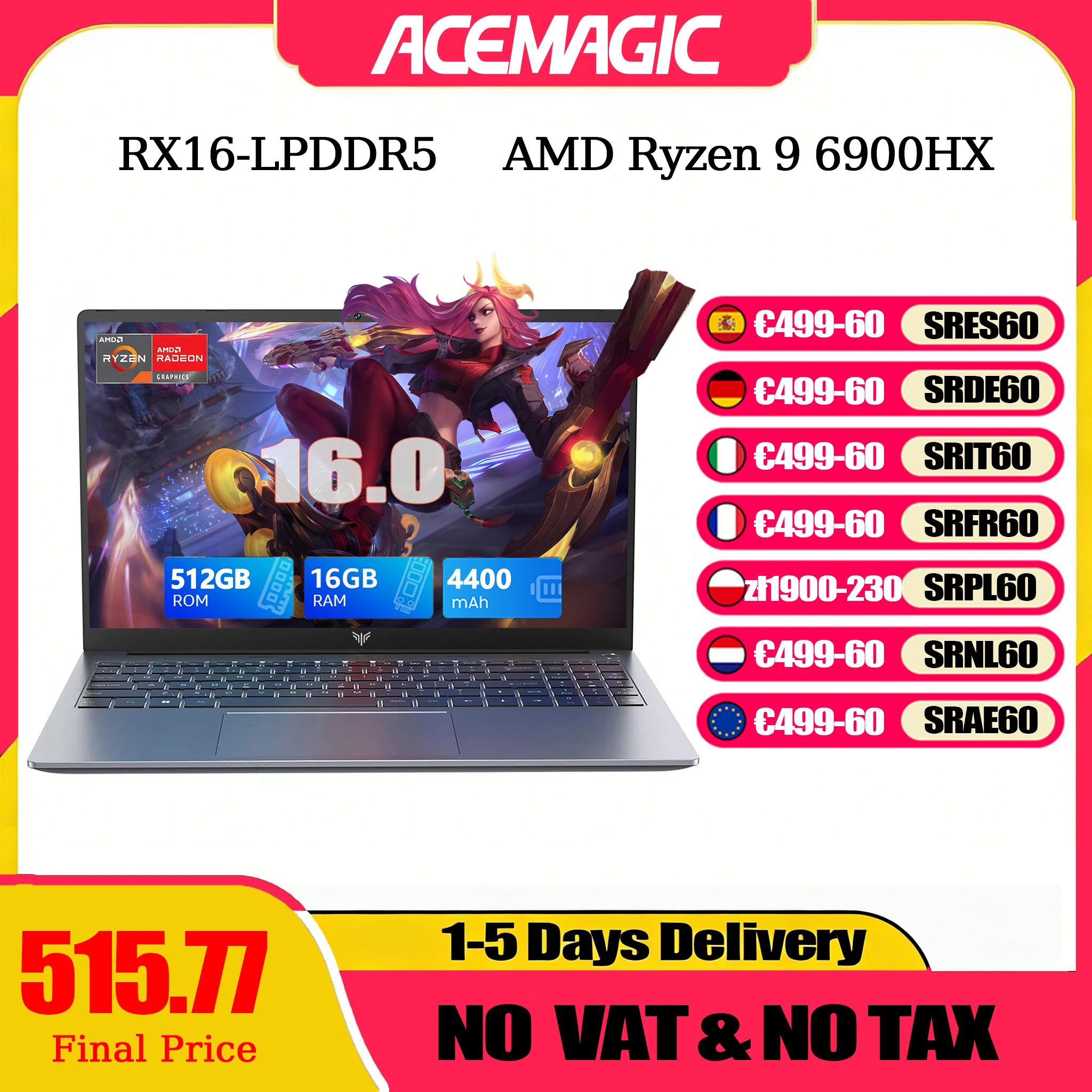 ACEMAGIC Laptop de 16 pulgadas FHD para juegos, AMD Ryzen 9 6900HX, 16 GB de RAM, 512 GB SSD, Windows 11 Pro, teclado retroiluminado, Wifi6, BT5.2