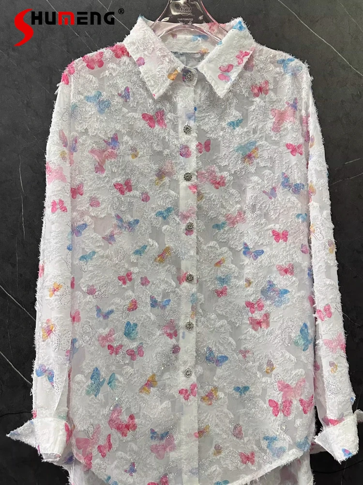 

Women's 2026 Summer New Fashion Hot Diamond Butterfly Shirts Long Sleeve Shirts Women's Loose Comfort Versatile Thin Trendy Tops