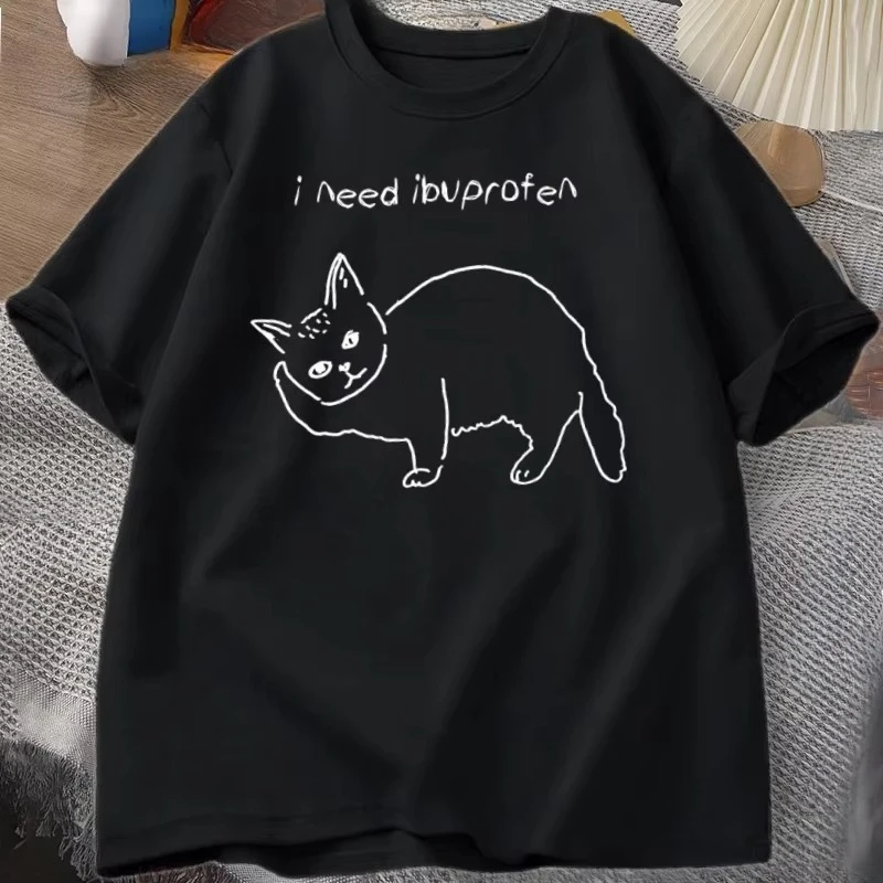 I Need Ibuprofen Cat T-Shirt Funny Cute Cat Tee Shirt Mental Health T Shirt Men Women Cat Lover Tshirt Loose Clothing Streetwear