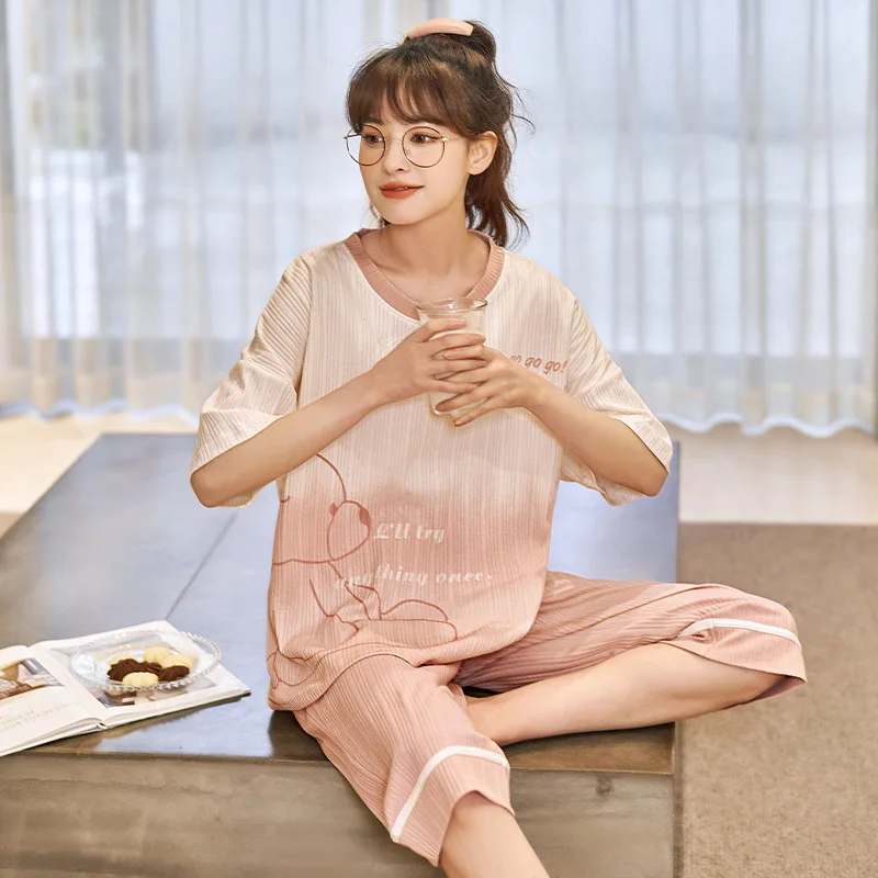 

Summer Cotton Homewear Women's Short Pajamas Set Calf Pant Sleep Tops Sleepwear Female Girl Nightwear pijamas feminino Freeship