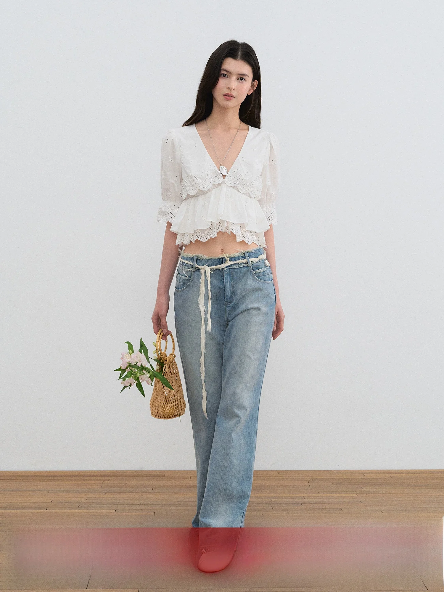 

LaluneDuCiel Pure Cotton ort Sve T-irt Women's Lace Patchwork Top V-ne Loose Fit Summer Faion Ladies' Tee