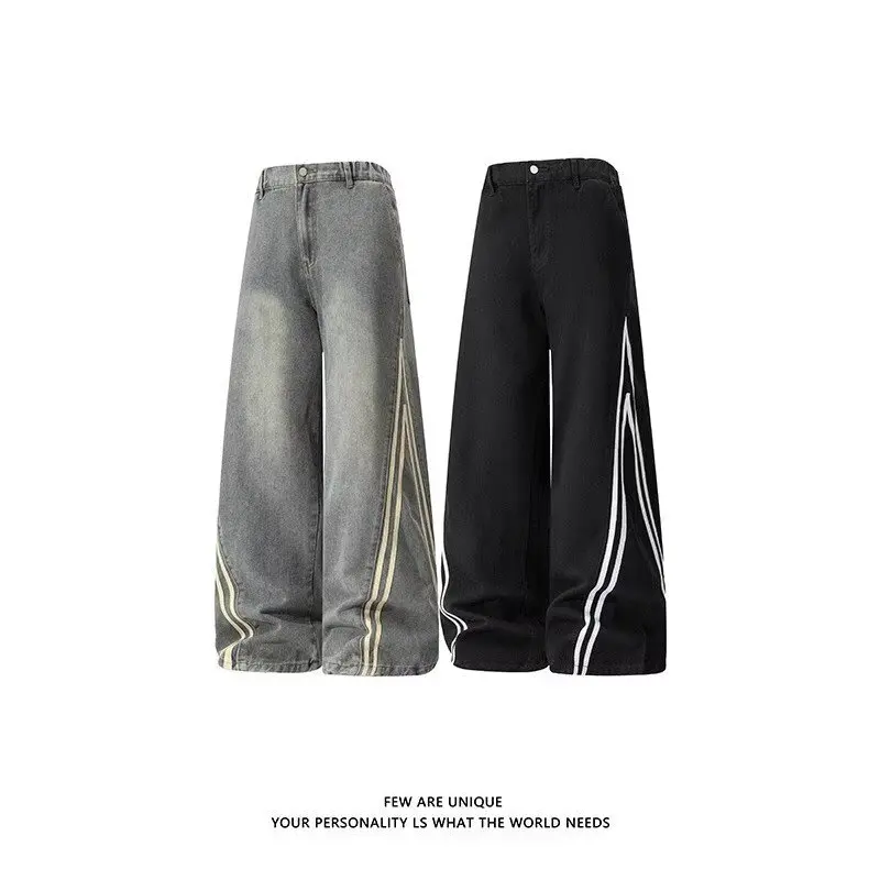 Women's Gothic Black Blue Striped Casual Denim Jeans Y2K Harajuku High Waist Wide Leg Pants Street Style High Fashion Clothing