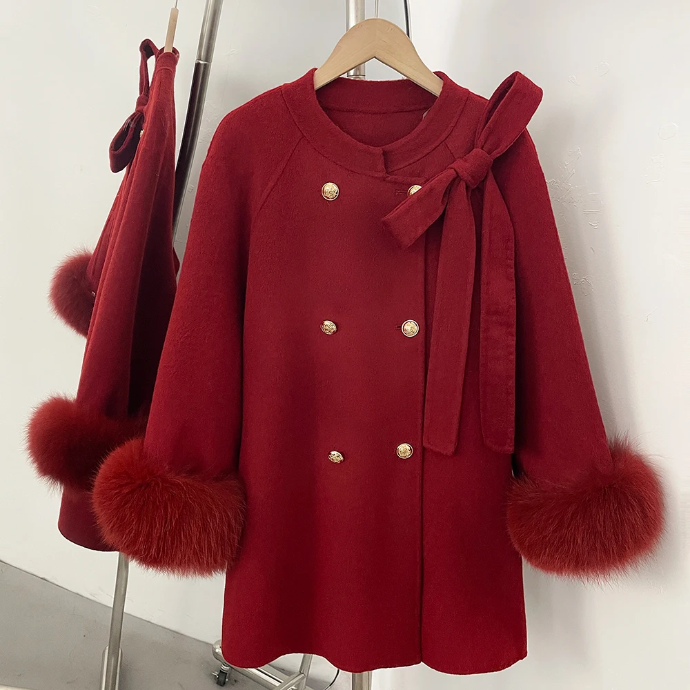 OFTBUY Schleifen-Wolljacke Mittellang Rundhals 100% Wollmantel Damen Neu Herbst Winter Doppelreihiger Echter Fuchspelz Wollkleidung – Detail 11