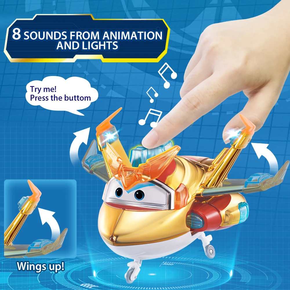 Super Wings 6 inches Deluxe Transforming Supercharged Golden Boy with Light Sound 2 Gestures Plane Transform Robot Anime Kid Toy