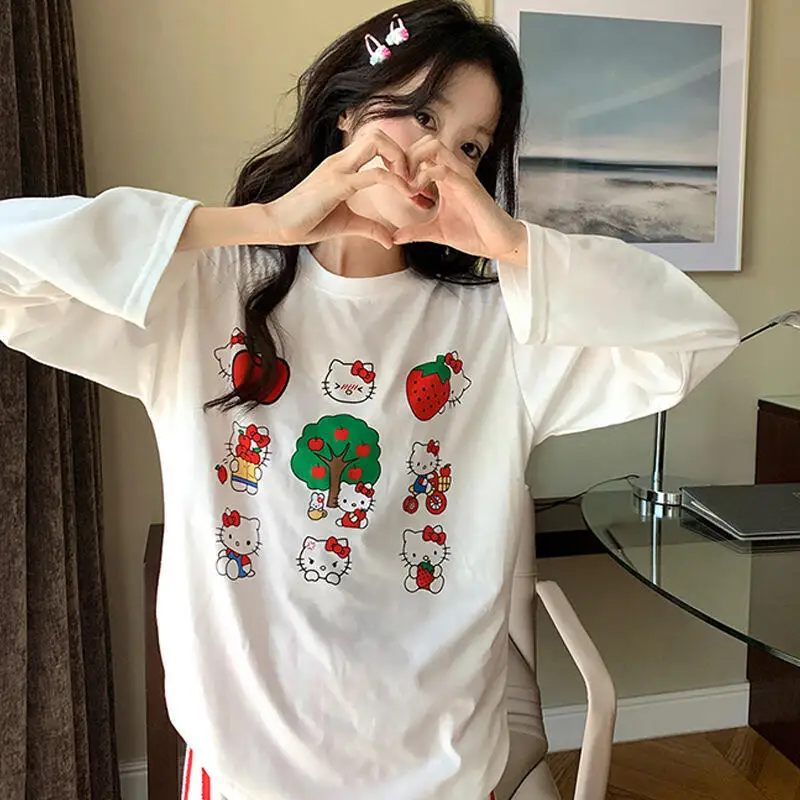 

Anime Hello Kitty Woman Clothes Cute girl Cartoon Kawaii Sweet Soft T-Shirt Young Women Tops Christmas Gift Teen Lounge Clothes