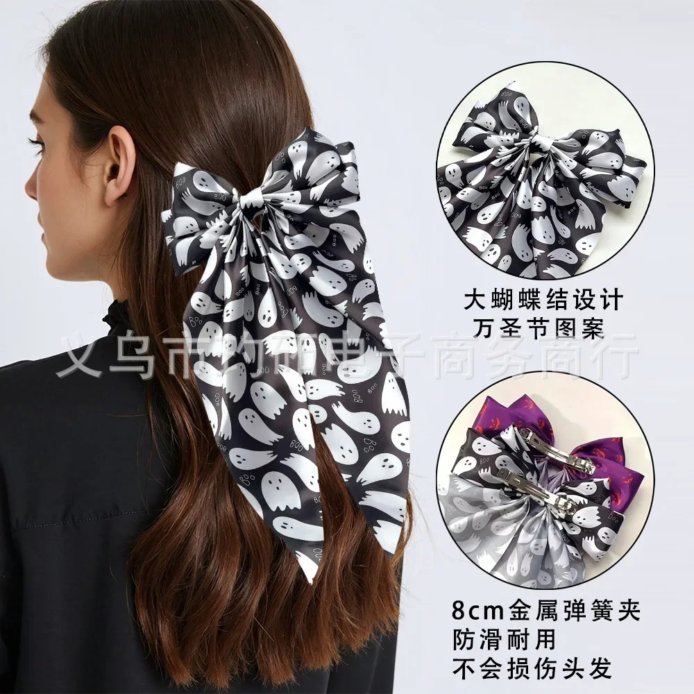 

Halloween Ghost Spider Web Pumpkin Fabric Print Spring Clip for Women Party Costume Hair Decor Portable Charms