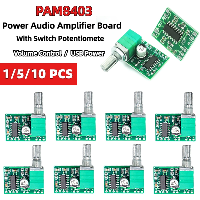 1-10PCS PAM8403 5V Power Audio Amplifier Board Speaker Module 2 Channel 3W W Volume with Switch Potentiometer USB Power Supply