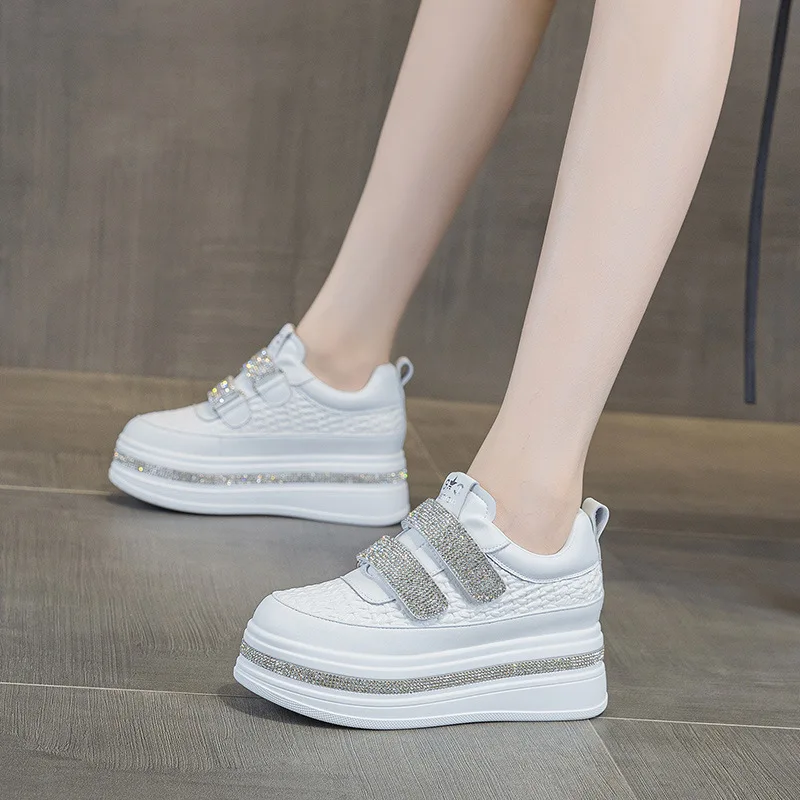 Women's shoes 2026 Spring and Autumn thick soled sponge cake water diamond genuine leather white shoes casual women