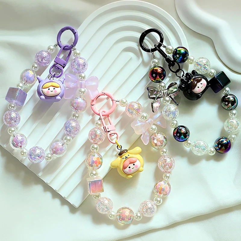 Kawaii Sanrio Hello Kitty Phone Chain Kuromi My Melody Beaded Keychain Anti-lost Wrist Strap Bracelet Bag Decor Car Key Ring