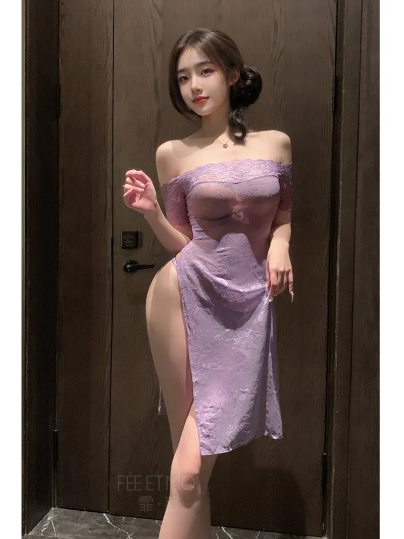 

Sexy Underwear Purple Dress Elegant Pure Desire Pajama Sexy Lace Uniform Purple Sweet Mesh Lace Sheer Long Dresses VMF7
