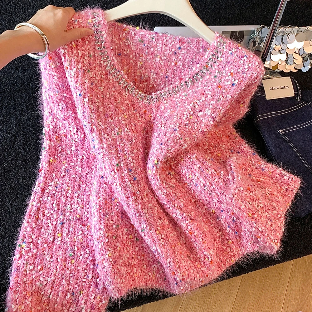 

Модный вязаный свитер со стразами для женщин, осень-зима, рукав-фонарик, красочная текстура с пятнами, вязаный пуловер, свитера