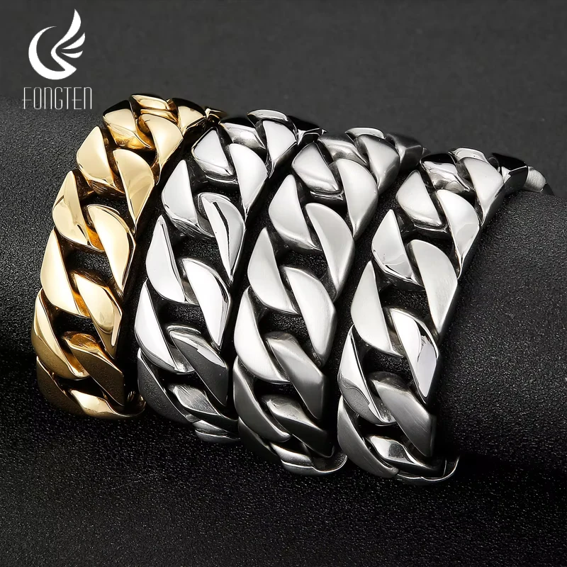 

Fongten 22cm Cuban Chain Bracelets For Men Stainless Steel Shiny Brushed Bangle Bracelets Men Curb Gold Silver Color Jewelry