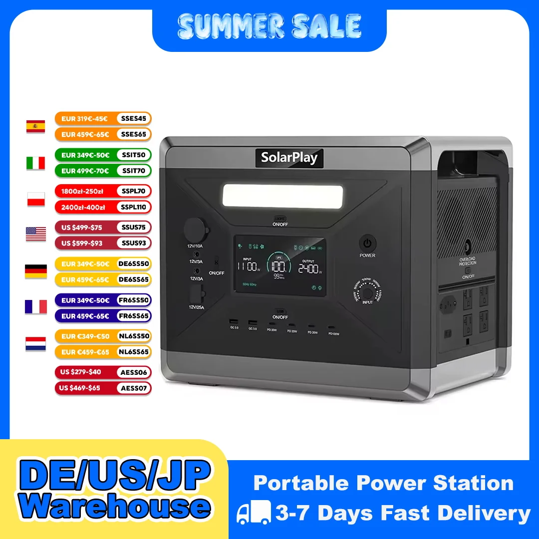 SOLARPLAY – centrale électrique Portable de Camping, générateur solaire 2400W 2160WH AC-Steckdosen, 12 Ports de sortie entièrement chargés en 1.5 heures