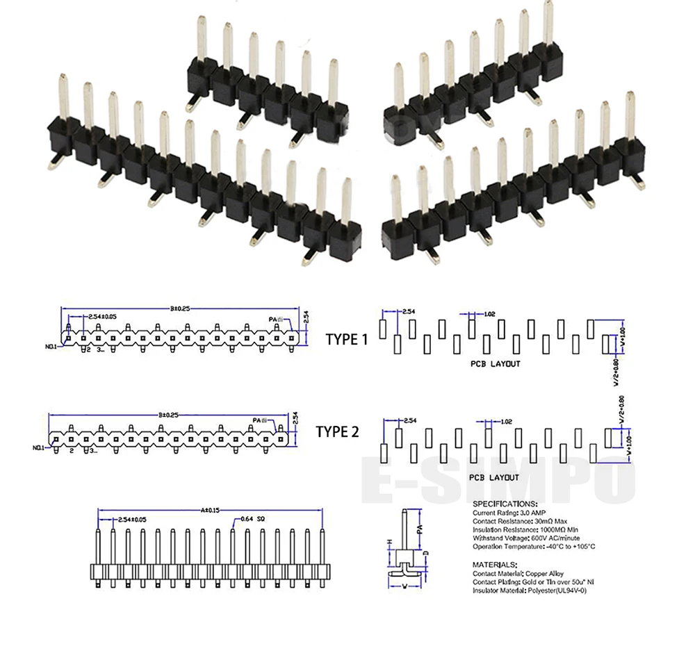 100pcs 2.54mm Single Row Breakable 1X40P Right Angle R1 R2 SMT Board Spacer Gold-plate  Male PCB Pin Header Strip Connector