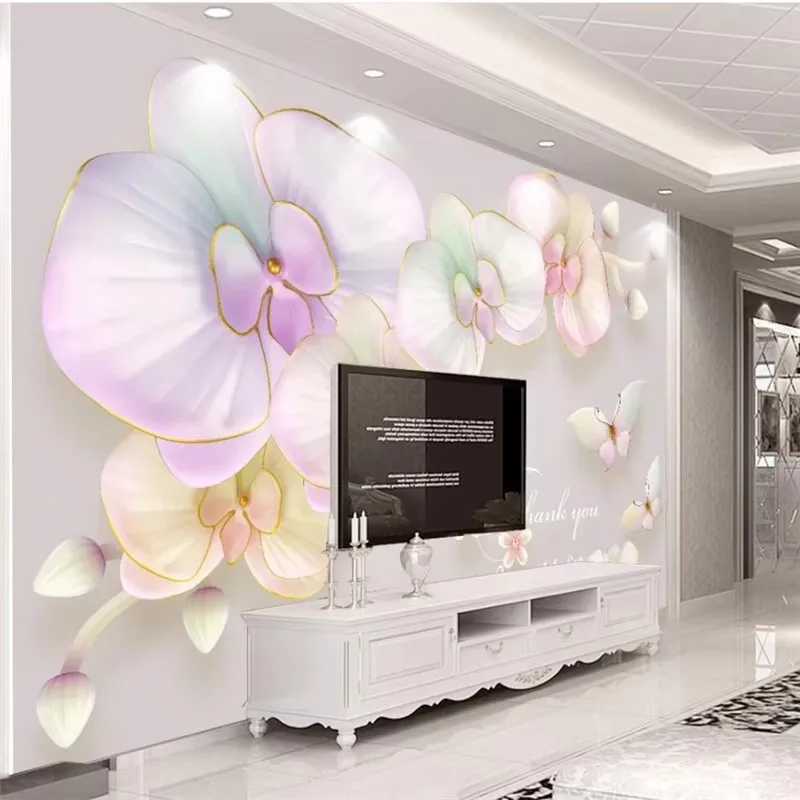 

papel de parede Customized wallpaper fresh 3D three-dimensional relief orchid simple European style TV background wall mural