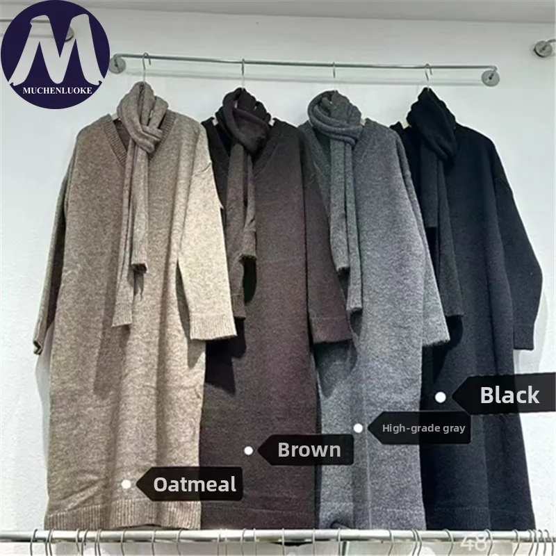 우아한 브이넥 니트 스웨터 드레스 여성용 다용도 가을 겨울 롱 캐주얼 루즈 패션 한국 스타일 스카프 포함