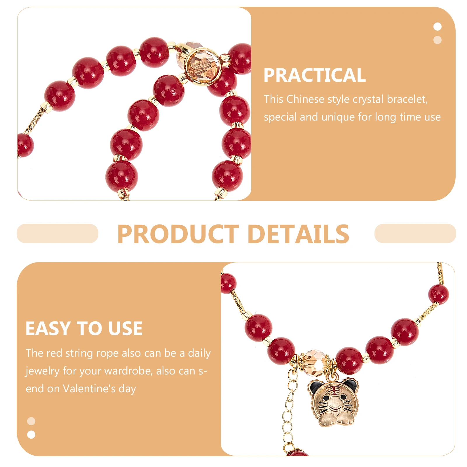 

2Pcs Crystal Bracelet Frosted Red Beads Heart shaped Tiger Year Lucky Wrist Chain Jewelry Gift for Birthday Christmas