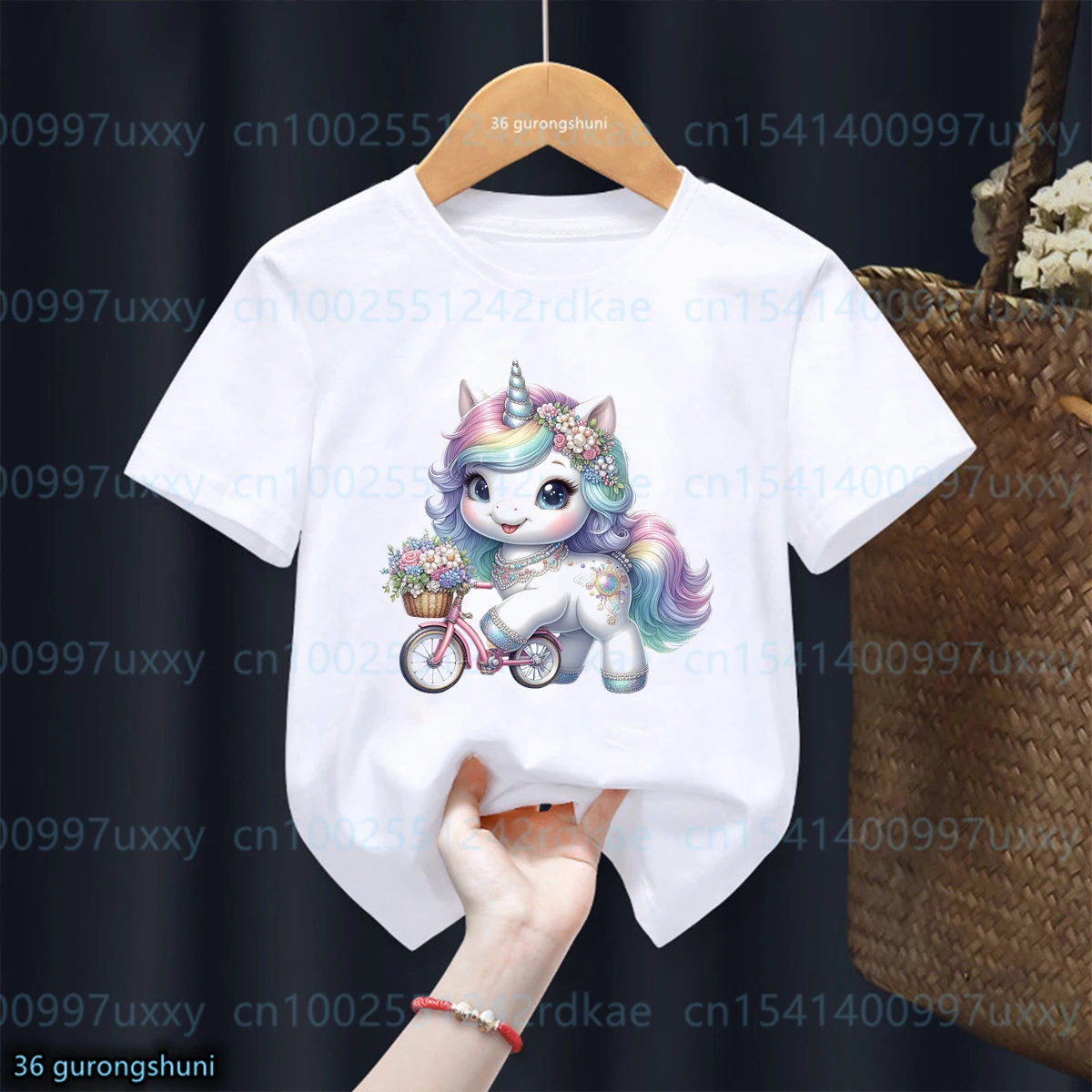 

Bicycle Flower Cute Unicorn Graphic Print Girls Tshirt Fashiona Harajuku Unicorn Tshirt Kids Clothes Summer Kawaii Girl Clothes