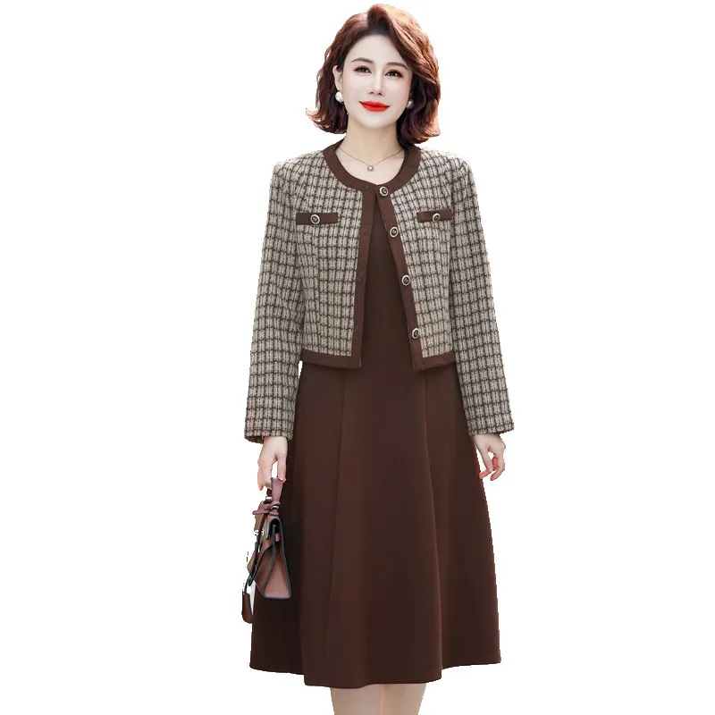 Spring Fashion Vintage Plaid Dress Sets for Women Two Piece Jacket and Pencil Skirt Suit Office Lady Outfit